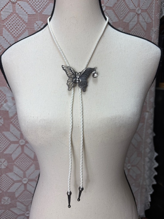 Jewelry - Handcrafted Butterfly Bolo Tie Necklace White Braided Cord
